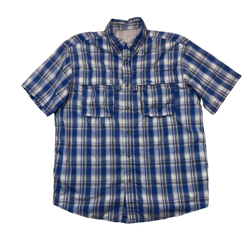 LL Bean Mens Blue Plaid Short Sleeve Vented Fishing Shirt Large